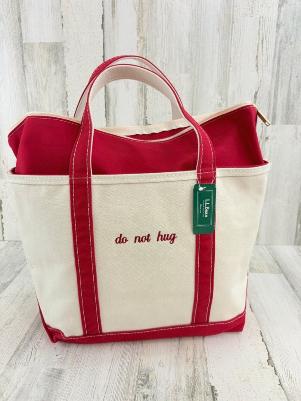 LL Bean Medium Canvas Boat and Tote Bag Zip Top Red Do Not Hug NWT